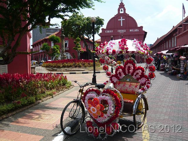 P1040999.JPG - MALACCA: Un rickshaw fleuri devant la "Christ Church"
